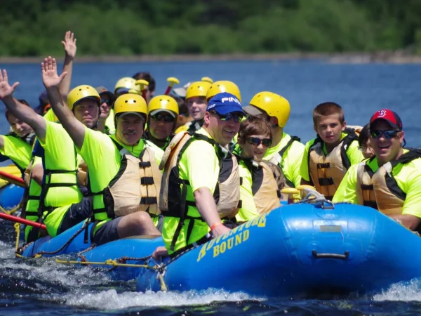 Overnight rafting trip, boats being towed on Indian Pond.